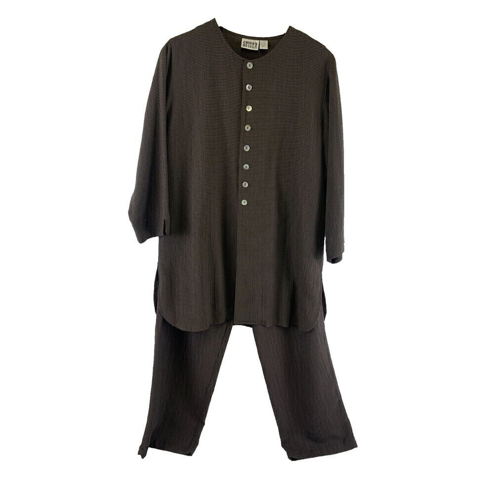 Chicos Design Outfit Rayon Blend Brown‎ Button Blouse Straight Leg Zip Pants M/L